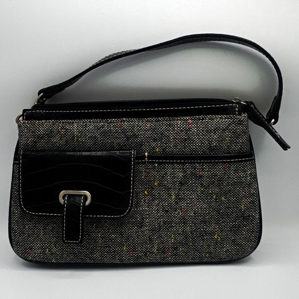 Liz Claiborne Speckled Black Gray Shoulder Bag Zip Pink Lining Buckle